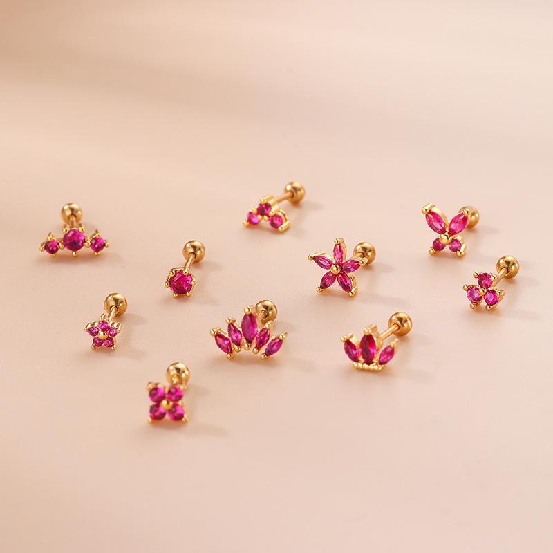 Rose Red Zircon Flower Double Stud Earrings with Stainless Steel Screw Design