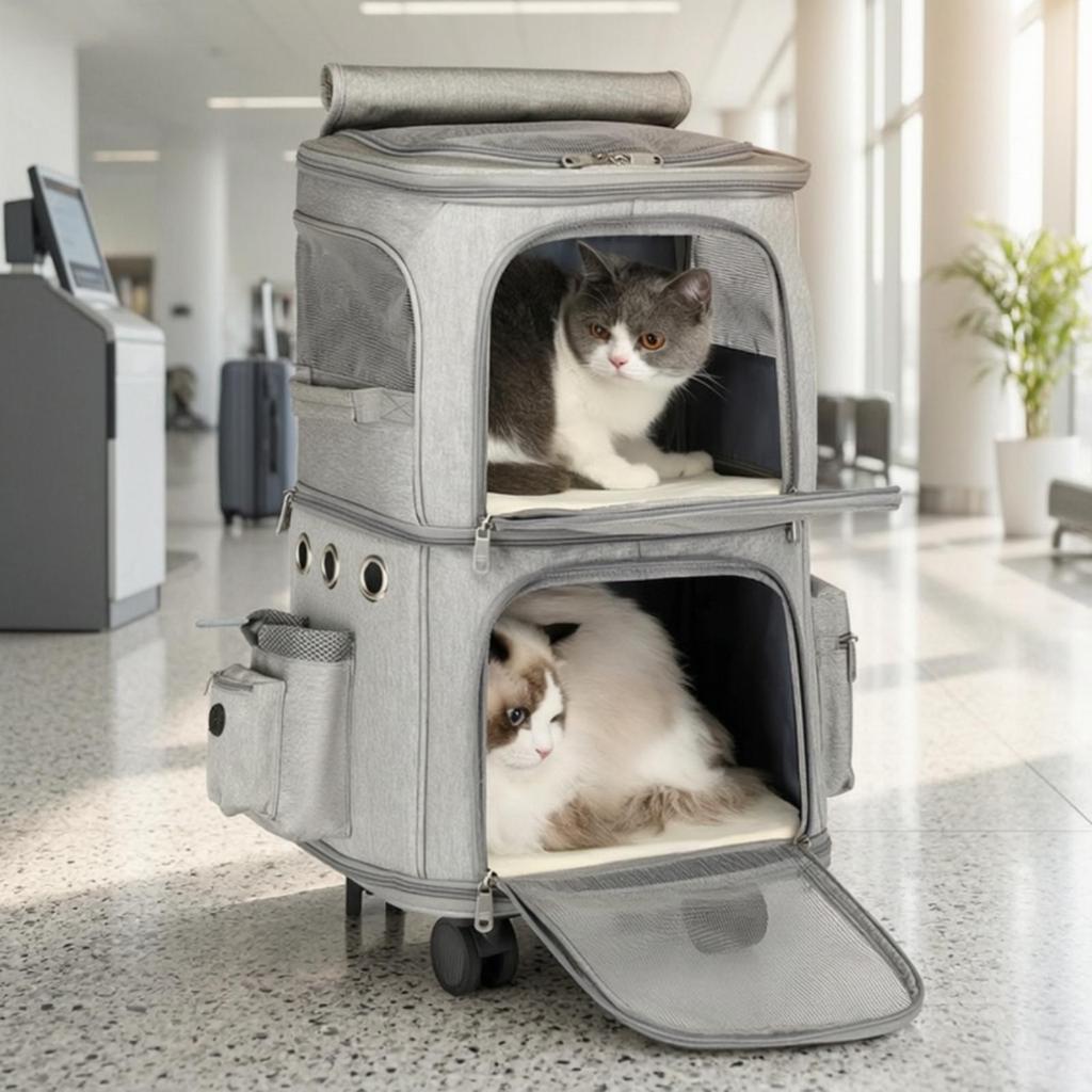 Dual-Level Pet Carrier Ventilated Rolling Spacious for Road Trips