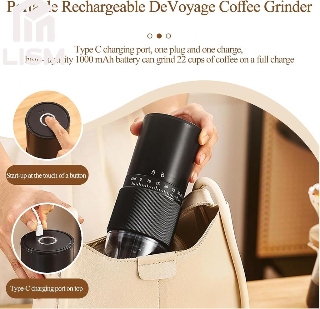 Rechargeable Espresso Coffee Grinder Burr Electric with 30 Adjustable Setting Cordless with Tapered Ceramic Grinding Heads