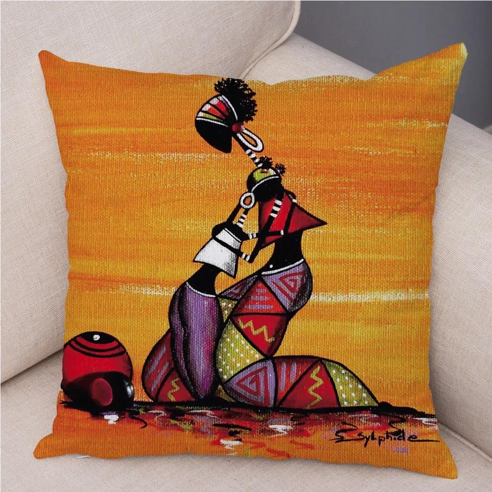 African Woman Soft Plush Cushion Cover for Sofa Home Decor Orange Abstract Painting Pillow Case Africa Life Collection Pillowcae