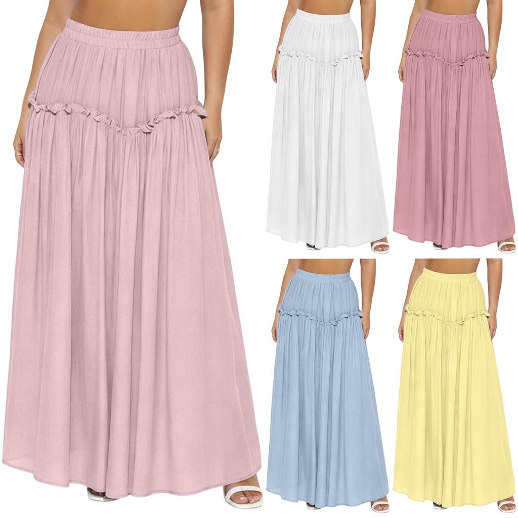 Women's Casual High Waist Maxi Skirt Elastic Waistband Solid Color Ruffle Hem Stretchy Bodycon Skirt for Daily Wear