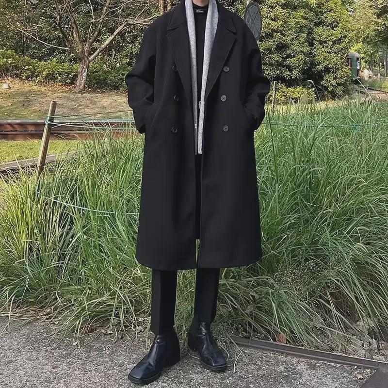 Men's Mid-Length Black Woolen Over-Knee Coat - Trendy Korean Style Windbreaker for Autumn and Winter