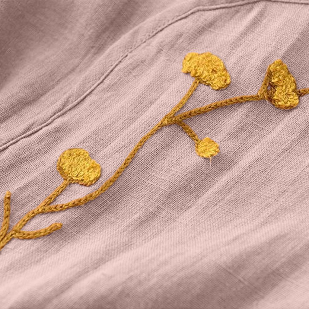 Damfärg Casual Broderi Andningsbar Lös Bomulls- och Linnetopp