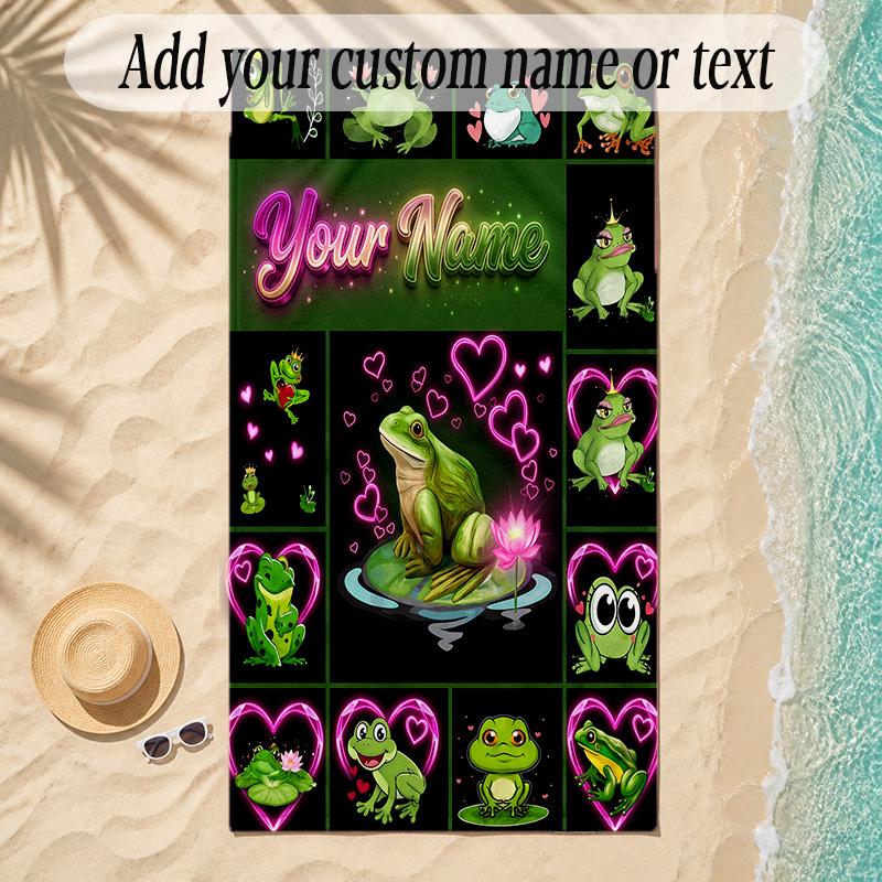 Frog Theme Soft Beach Towel Personalized Custom Name Text Towel Portable for Beach Pool Travel