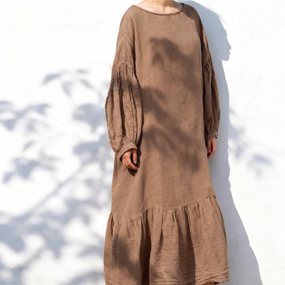 Johnature Women Vintage Dress Spring Chinese Style Solid Color O-Neck Long Sleeve Patchwork Dresses