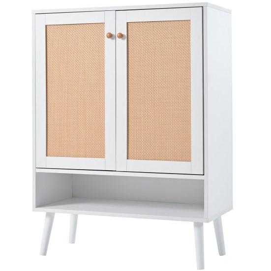 Shoe Cabinet with 2 Rattan Doors and 5 Shelves, Hallway Shoe Cabinet with Wood Handles and Solid Wood Legs