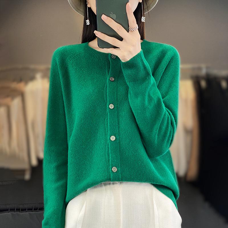 Korean Style Loose Wool Cardigan for Women - 100% Pure Wool, Fine Knit, Round Neck Sweater