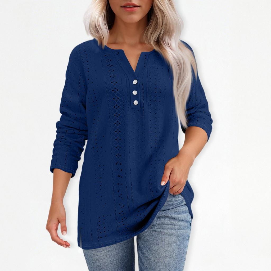 T-skjorte for kvinner T-skjorte med knapp 3/4 ermer Daglig helgmote Basic V-hals vanlig topp