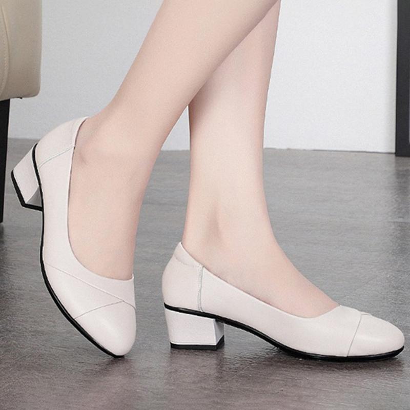 Women Mid Heel Office Lady Pumps PU Leather Black Basic Square Heeled Spring Autumn Loafers