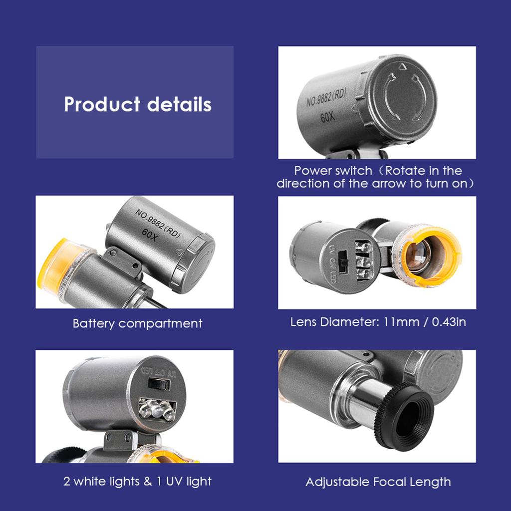 60X Magnifying Glass Lighted Magnifier with 2 LED Lights & 1 UV Light Adjustable  Length for Jewelers Watchmakers