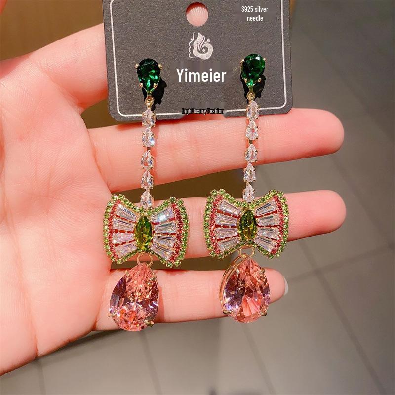 S925 Silver Needle Rhinestone Tassel Earrings - Exquisite Long Claw Chain with Colored Diamonds, European & American Style