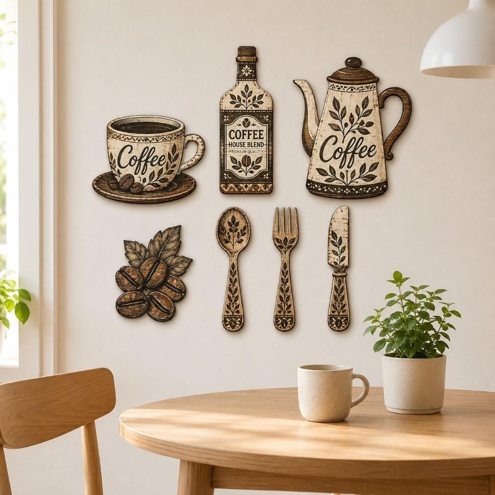 7Pcs Rustic Distressed Coffee Utensil Wooden Ornament Coffee Wall Sticker Hangings  Restaurant