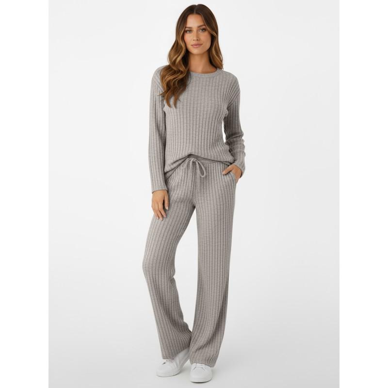 Ensemble de détente chaud pour femme en tricot côtelé avec cordon de serrage à la taille, poches, coupe ample, haut à manches longues, pantalon large