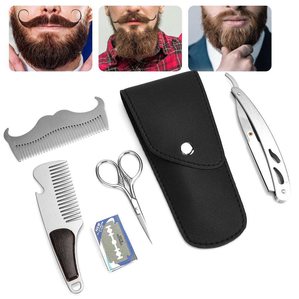 6pcs Beard Kit Shaving Knife Blade Beard Brush Scissors Storage Bag Modeling SetBeard Care Set