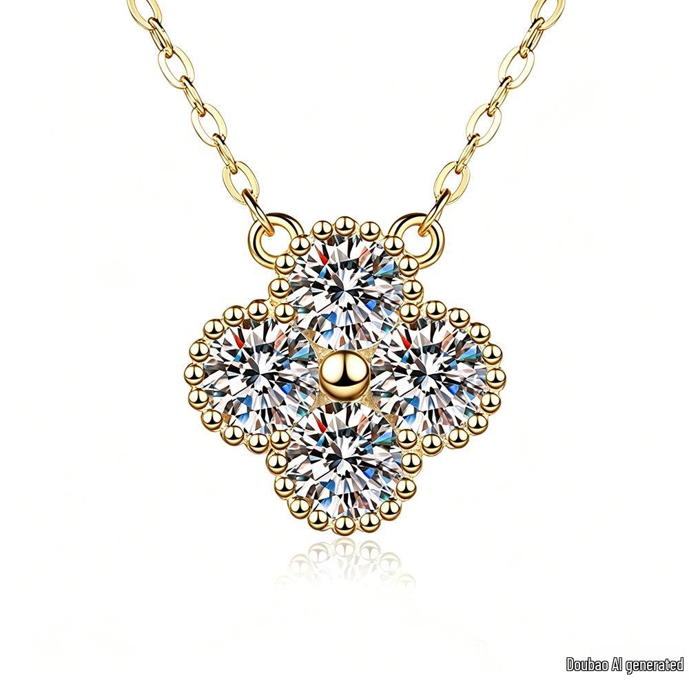 Women's Moissanite Four-Leaf Clover Necklace Pendant, Light Luxury S925 Sterling Silver Clavicle Chain