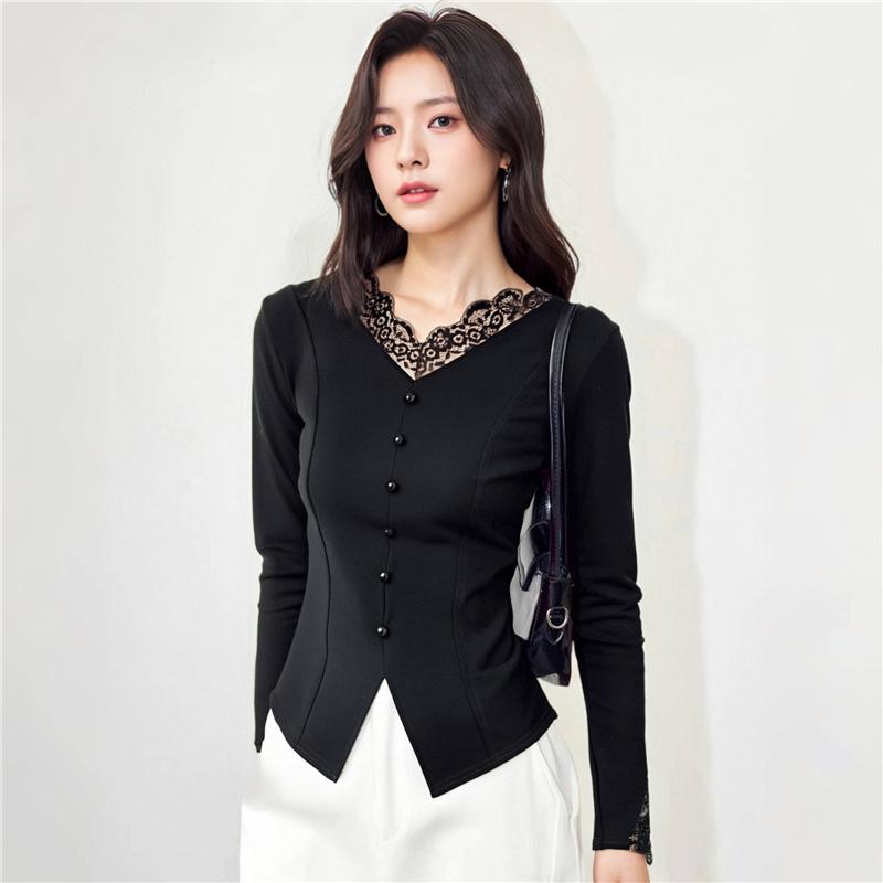 

Сексуальная кружевная ажурная ажурная футболка с разрезом, весенний длинный рукав, женский топ XL чёрный