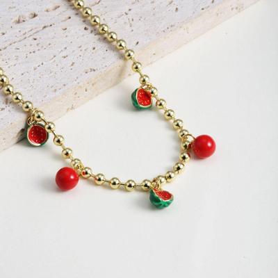 18K Gold Plated Christmas Watermelon Drip Oil Pendant Necklace - Cute Holiday Fruit Jewelry.