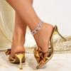 Women's Summer Pointed-Toe Stiletto Slide Sandals With Bow Detail, Fashionable High-Heel Footwear, Available In Large Sizes.