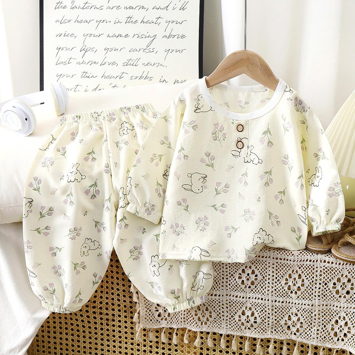 

2 шт. Летняя домашняя одежда для малышей и детей, тонкая пижама для мальчика, одежда для кондиционирования воздуха для младенцев, повседневный костюм с рукавом средней длины для девочек и детей на осень 90cm