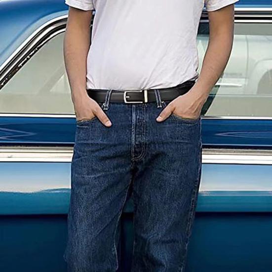 Men Belt Automatic Buckle Soft Simulated Leather Adjustable No Hole Belt with Fake Pin Design Quick Release Jeans Trousers Belt