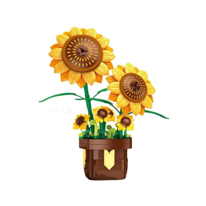 Flower Bouquet Rose Phalaenopsis Lily Sunflower Potted Plant Assembling Brick Model Kids Toys Home Decoration Collection Gift