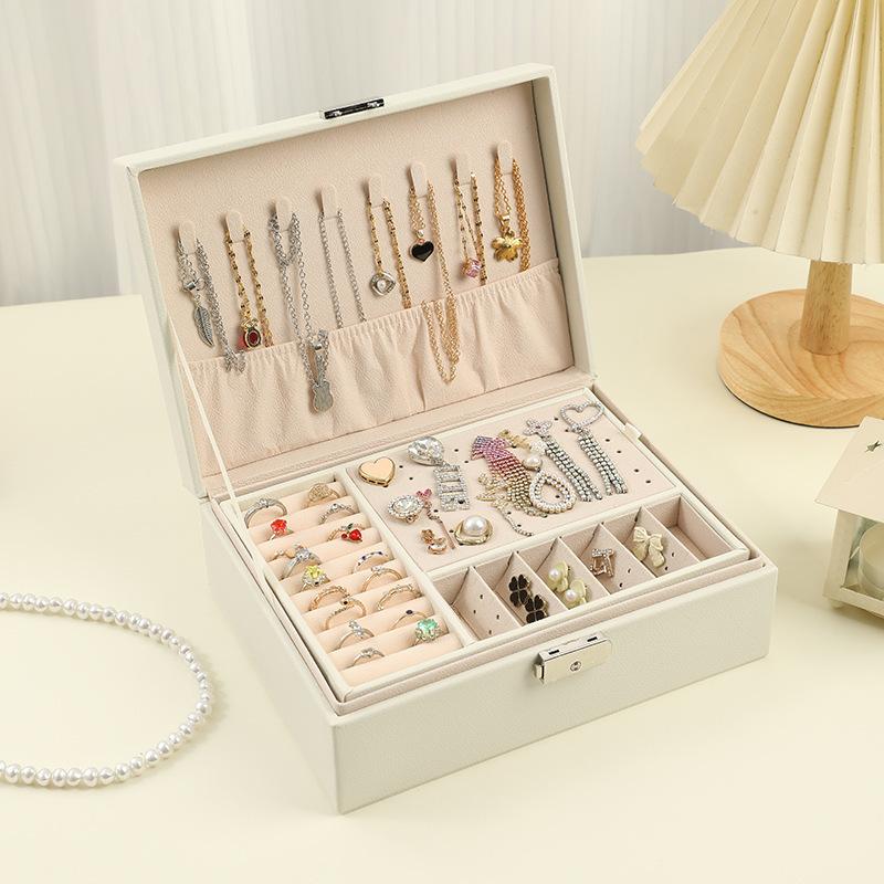 High-end Leather Double-layer Jewelry Box Necklace Ring Jewelry Stud Earrings Display Jewelry Storage Box with Lock