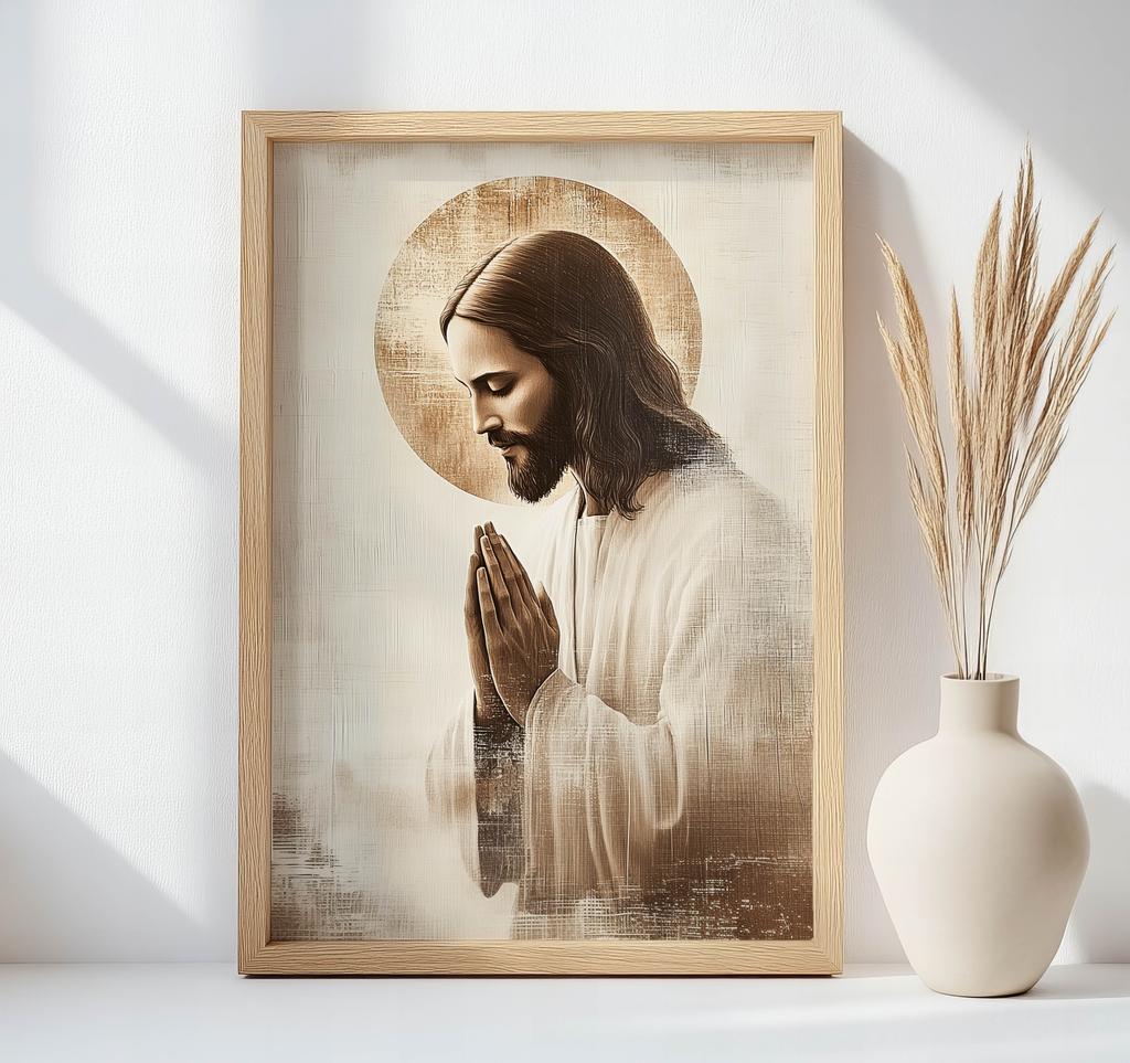 Jezus W Modlitwie - Złota Aureola Jezus W Modlitwie - Złota Aureola, 50X70 Cm, Bez Ramy, Papier Matowy 230 Gsm
