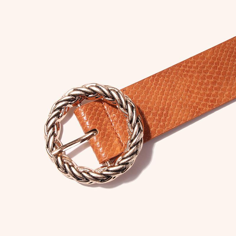 All-match Women's Belt Snake Pattern Round Buckle Brown Black White PU Belt Large Size Women's Belt One Size Women's Belt