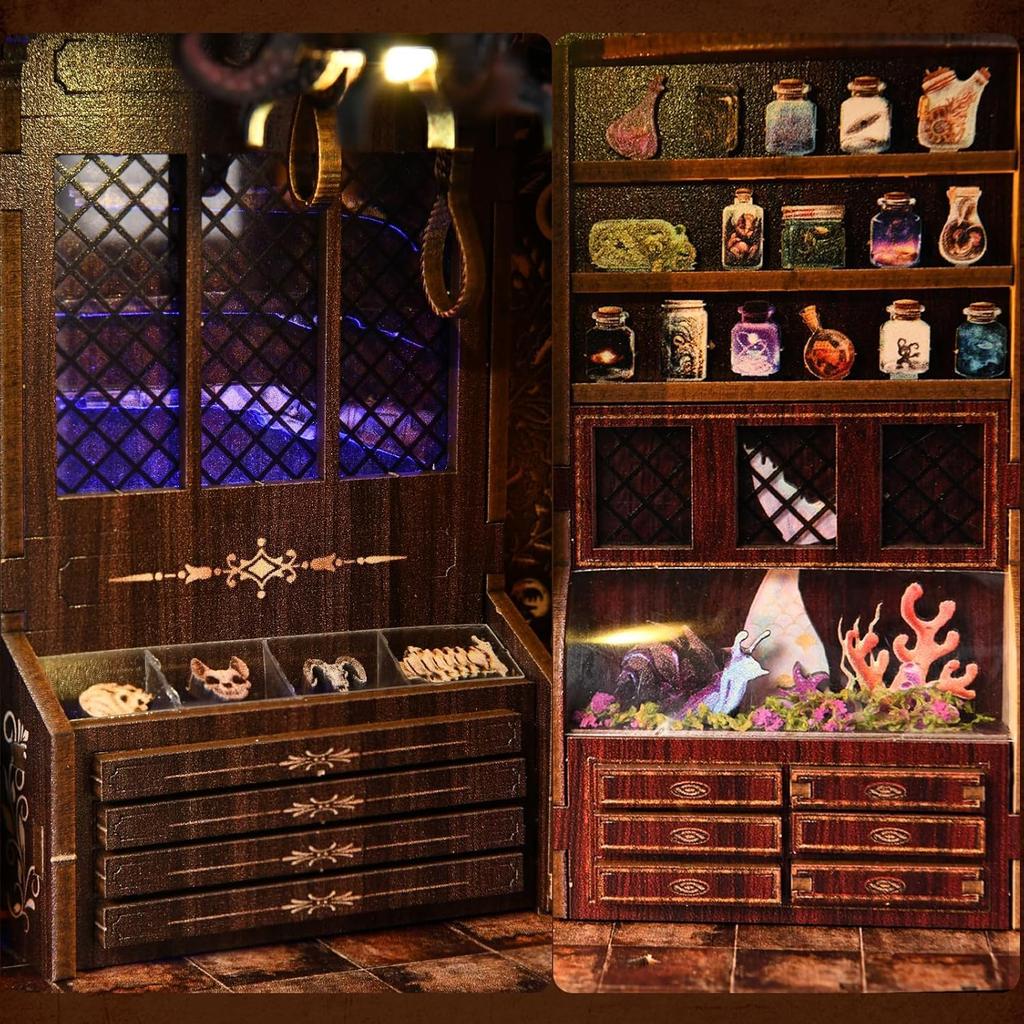 CRESYMME Book Nook Dollhouse Leeds Miniature House Log Cabin Wooden 3D Handmade for with LED Lights Beast Specimen Kit, Puzzle, Adults, (Fantasy Room)