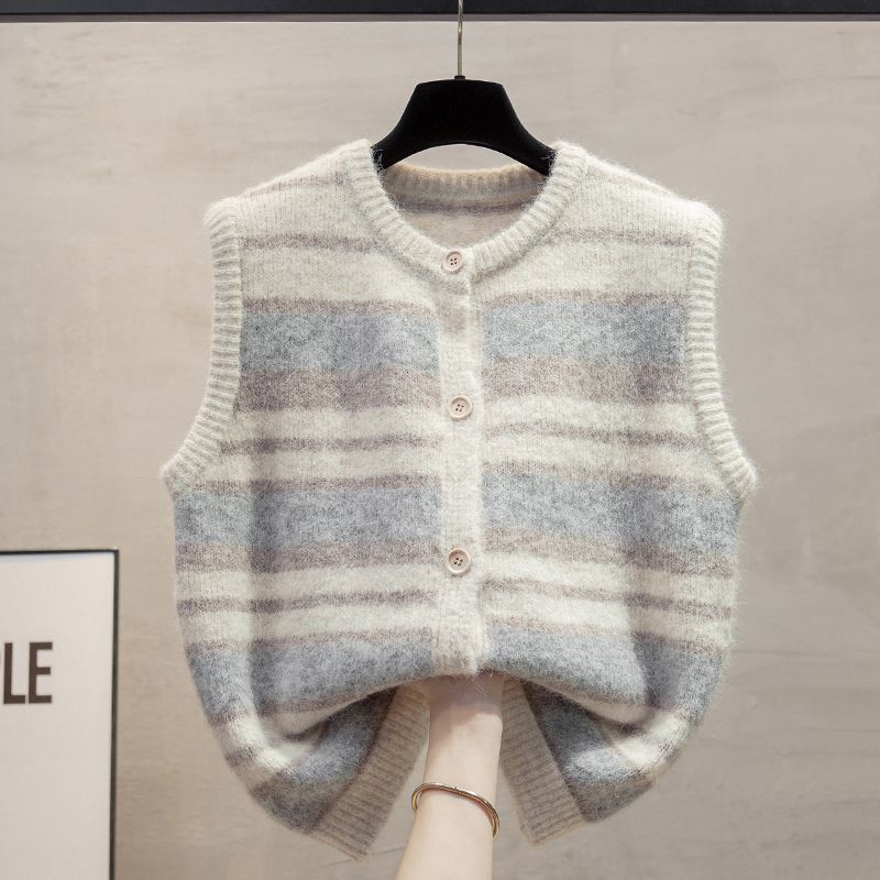 Striped Round Neck Knitted Vest for Women Autumn and Winter Loose Outer Knitted Vest Sweater