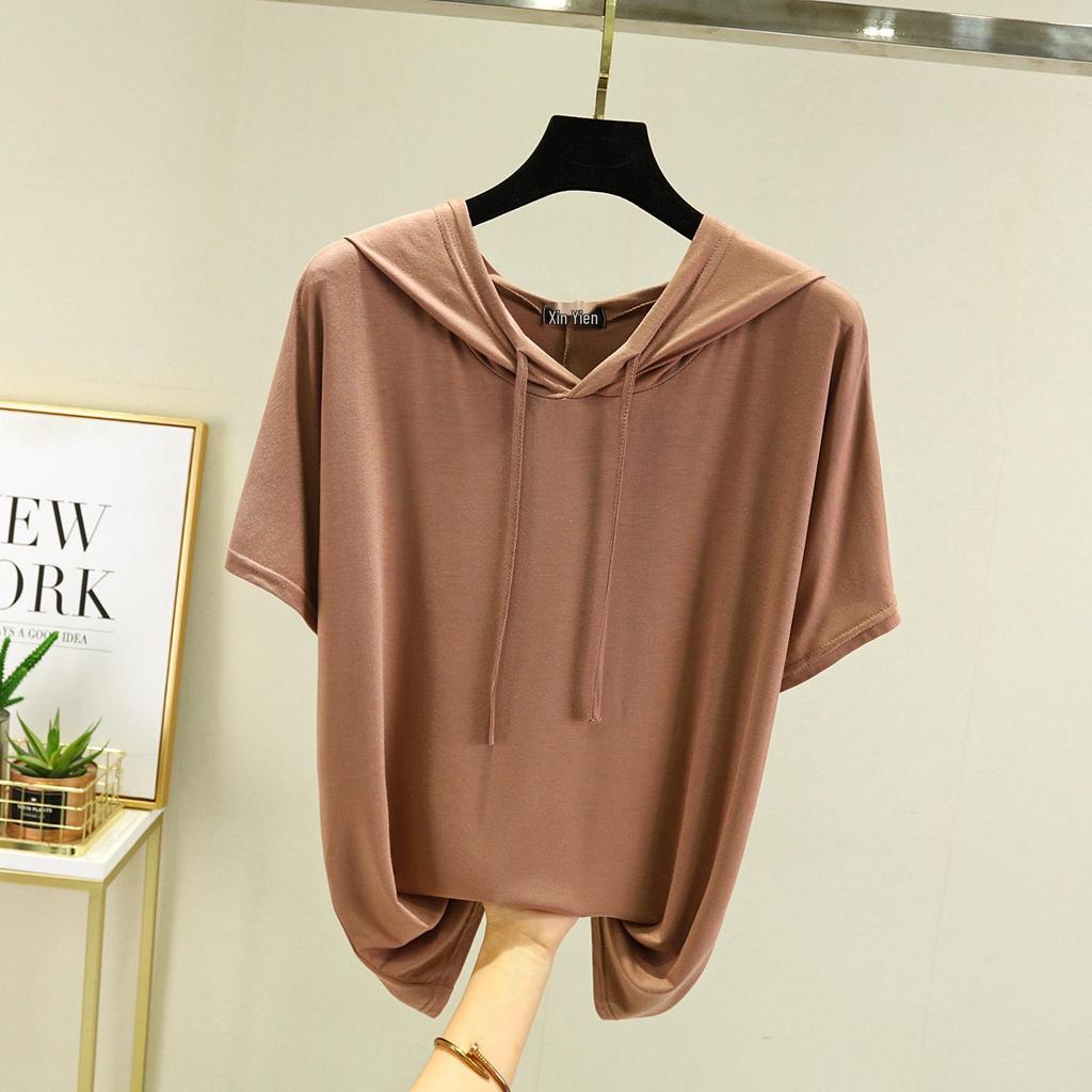 T-shirt à capuche manches courtes en modal pour femme Printemps/Été - Haut de base léger coupe ample