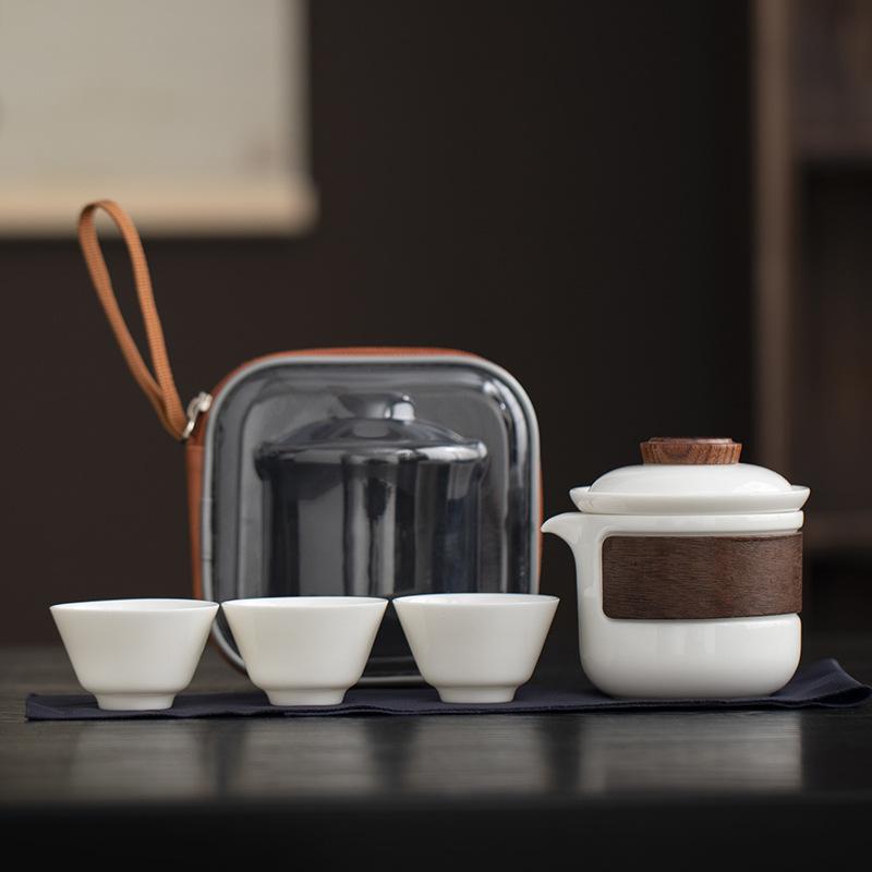 White Jade Porcelain Tea Set with One Pot and Three Cups, Heat-Resistant Ceramic Outdoor Portable Travel Tea Set