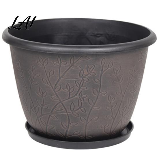Planter Pots for Home Decor 12 Inch Thickened Flower Outdoor Indoor Plastic Leaf-Pattern Texture Deep Containers Flowers with Drainage Hole & Saucer,