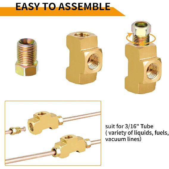 MuHize Raccordo a T per Tubo Freno 4 Pezzi - Tubo da 3/16" x 3/8"-24 UNF | Connettore a T in Ottone SAE/DOT per Sistemi a Doppio Svaso | Raccordo a 3 Vie a Prova di Perdita per