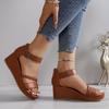 Brown PU Open-Toe Wedge Sandals for Women - Braided Ankle Strap, Adjustable Buckle Closure, Thick Rubber Sole for Summer Comfort