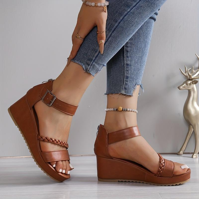 Brown PU Open-Toe Wedge Sandals for Women - Braided Ankle Strap, Adjustable Buckle Closure, Thick Rubber Sole for Summer Comfort