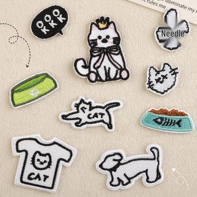 Korean Cat and Bowl Embroidery Iron-On Patch for DIY Journals