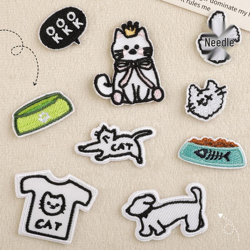 Korean Cat and Bowl Embroidery Iron-On Patch for DIY Journals