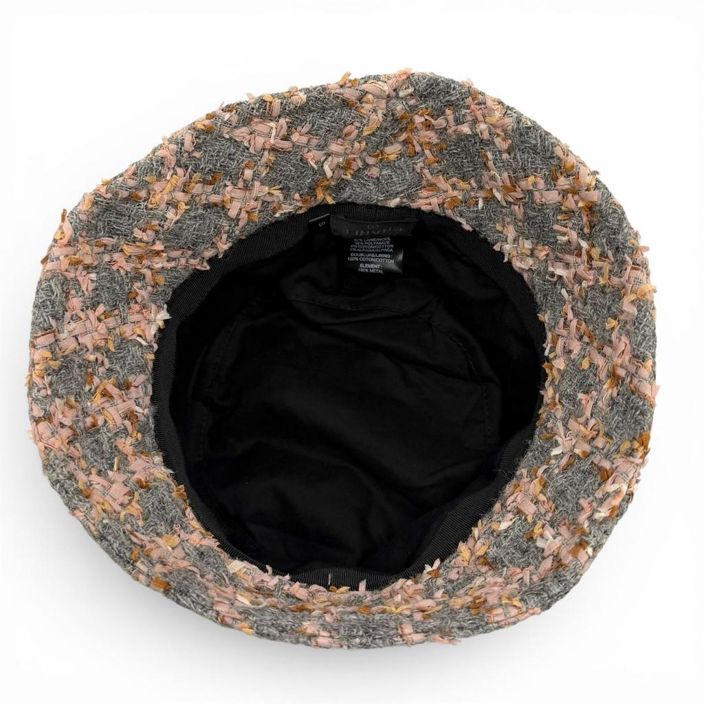 Great CHANEL hat COCO MarkMetal Check Pattern Ribbon Tweed Bucket Bag wool S 22K Used