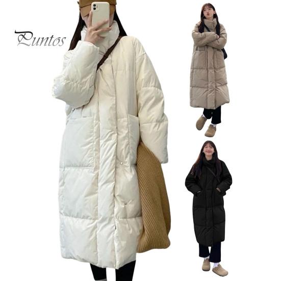 Solid Color Cotton Jacket Winter Down Coat Thickened Padded Stand Collar Neck Protection Knee Length Pockets Women Cold Weather Zipper Closure