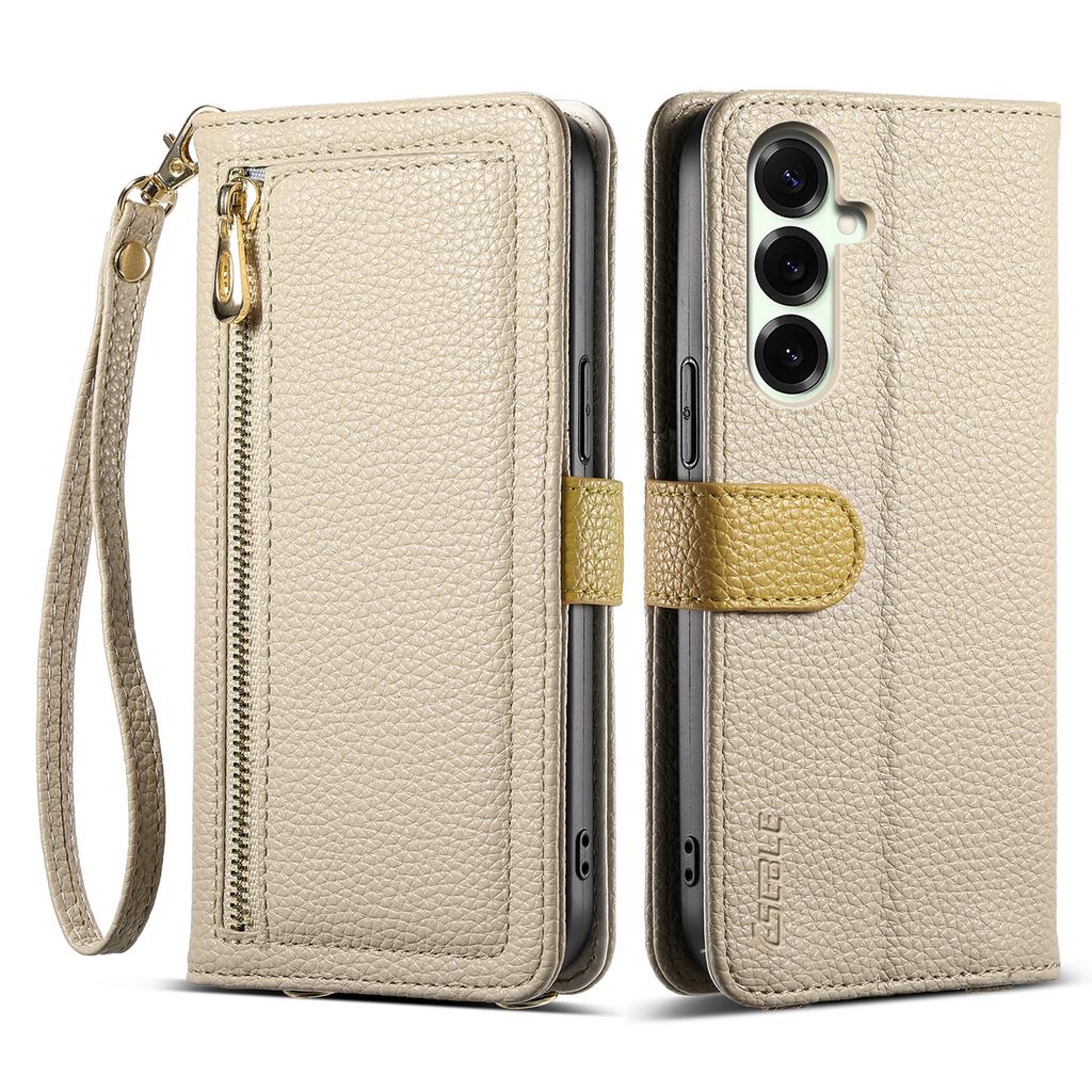 ESEBLE E11 For Samsung Galaxy S25 Case Zipper Pocket Litchi Texture Leather Phone Cover with Mirror and Wrist Strap