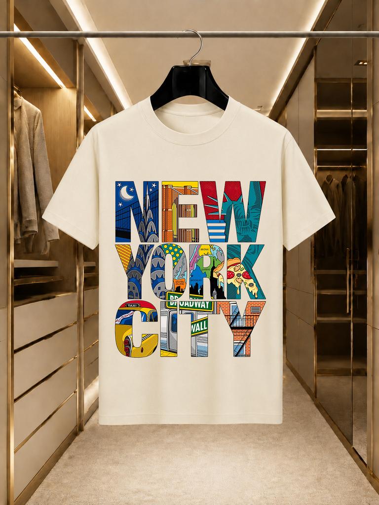 2026 New Arrival 100 Cotton Tshirt New York City Nyc Landmark Comic Colorful Letter Print Vintage American Crew Neck Casual Sh