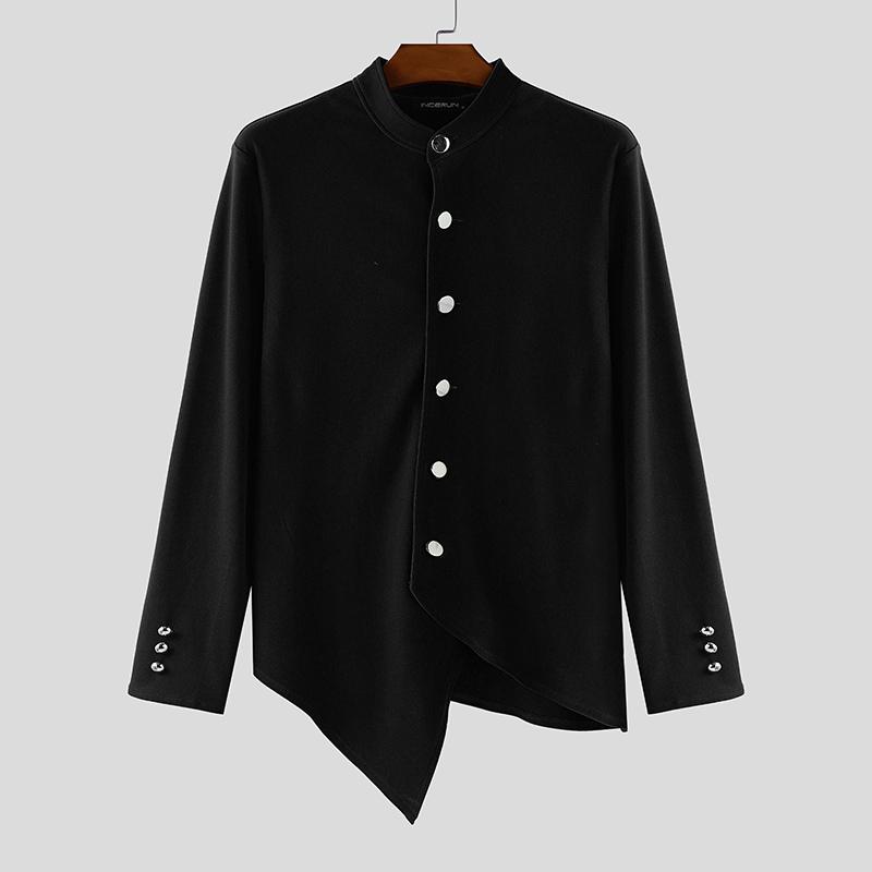 

INCERUN Мужские футболки с длинным рукавом, воротником-стойкой, пуговицами, нерегулярными разрезами, повседневные топы S