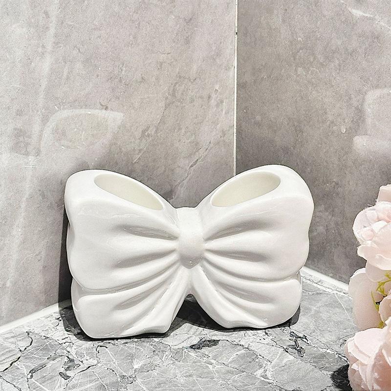 1Pc Ceramic Bow Toothbrush Holder Ornament Ceramic Toothbrush, Toothpaste Storage Rack Bathroom Accessories Brush Holder