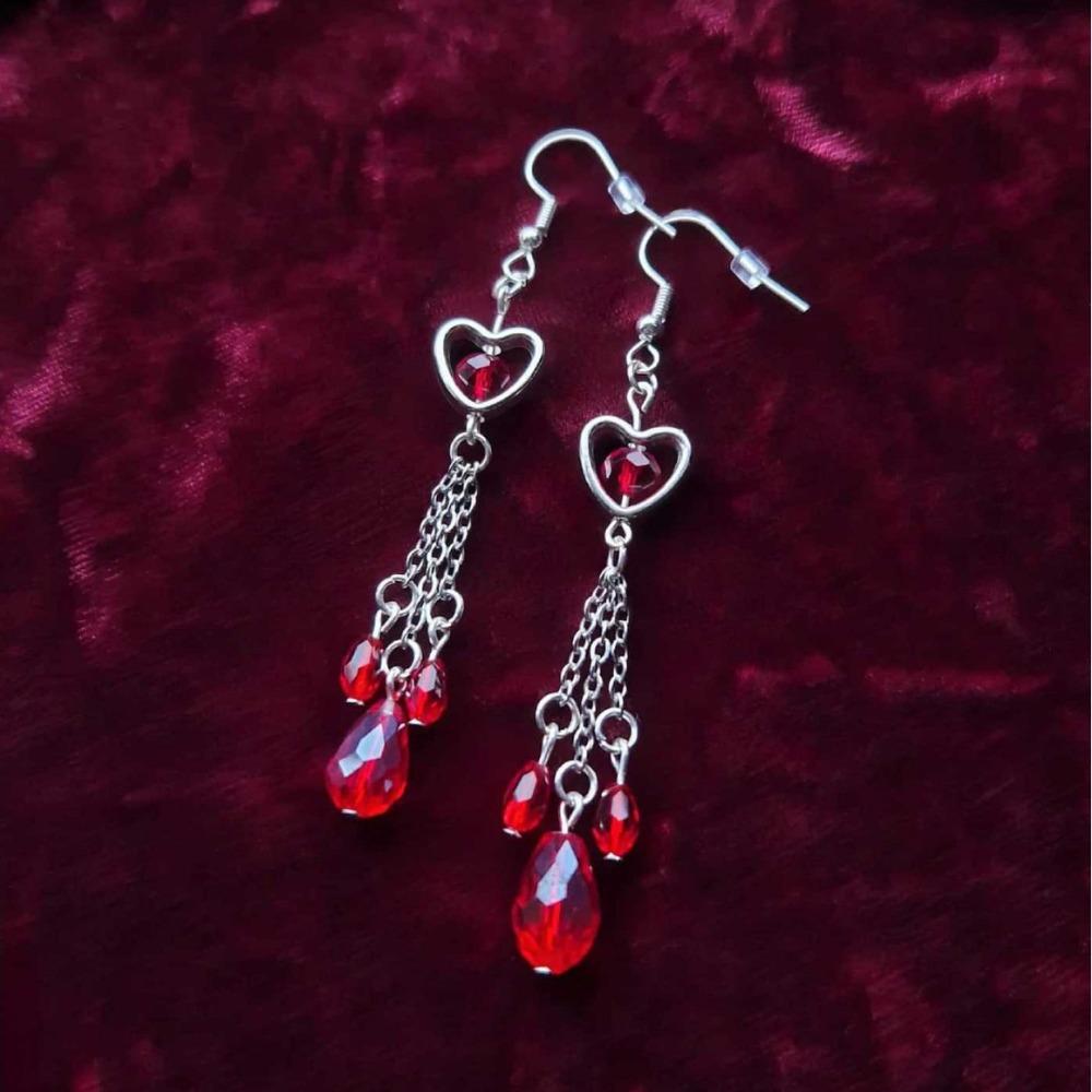 Charm Gothic Sliver Color Hollow Heart-shaped Pendant Red Teardrop-shaped Tassels Dangle Earrings for Women Halloween Jewelry