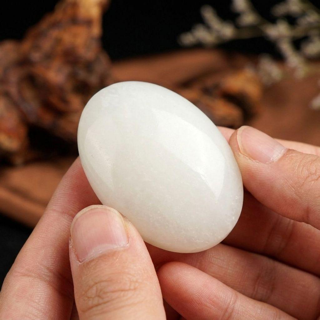 Natural White Jade Palm Stone Oval Polished Pebble Worry Stone for Stress Relief Pocket Massage Healing Crystal Ornament One Size