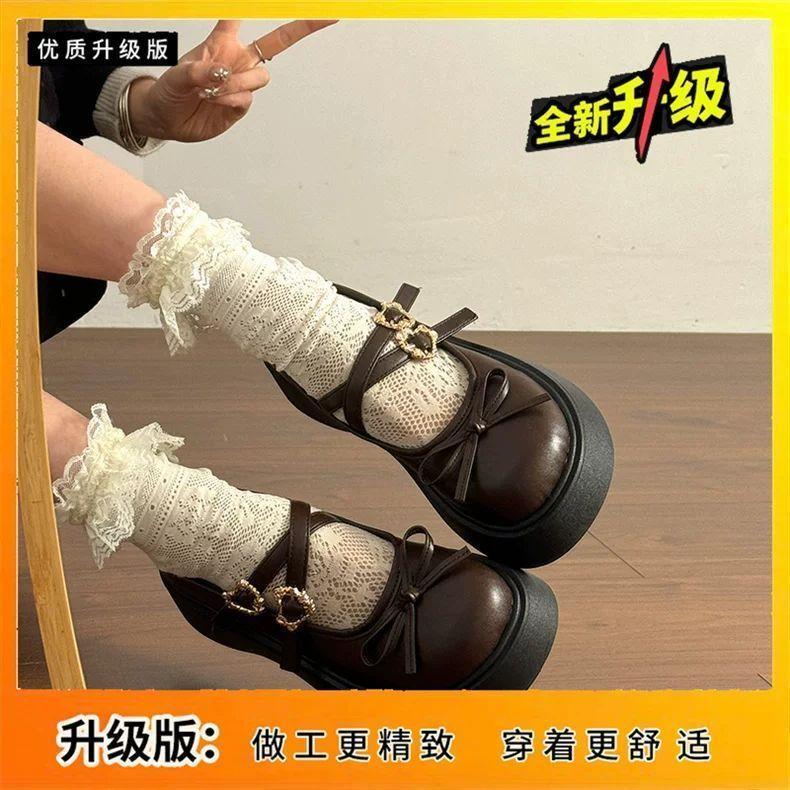 Vintage Round Head Heightening Lolita Small Leather Shoes Women's 2025 Autumn Sweet Bow Versatile Mary Jane Single Shoes