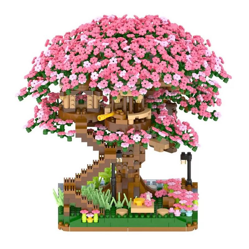 2008pcs DIY Discoloration Cherry Blossom Flower Pink Tree House Train Assembly Building Blocks Classic Model Bricks Sets Kid