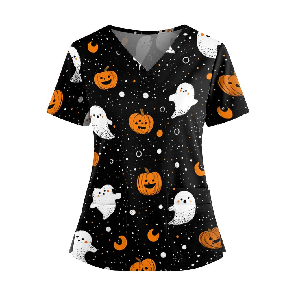 Halloween Print V Neck Short Sleeve Nurse Scrub Top with Dual Pockets and Side Slits Medical Uniform Shirt for Healthcare Professionals