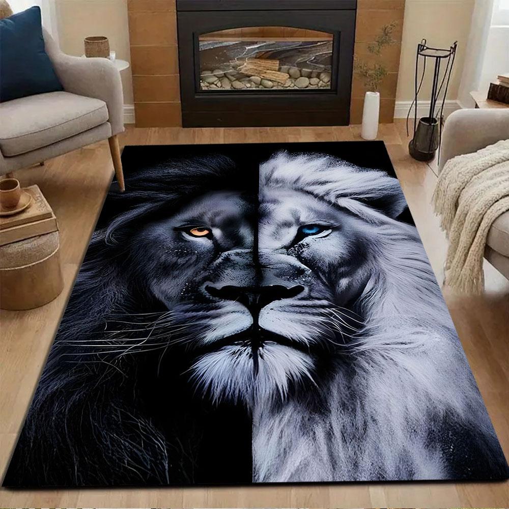 Dual Tone Lion Portrait Rug Patterned Carpet, Non Slip Mat Suitable for Living Room and Bedroom Sofas